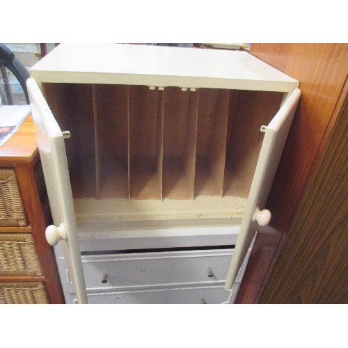 283 - MID CENTURY PAINTED LP VINYL CUPBOARD AND A THREE DRAWER CHEST PAINTED WHITE