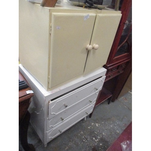 283 - MID CENTURY PAINTED LP VINYL CUPBOARD AND A THREE DRAWER CHEST PAINTED WHITE