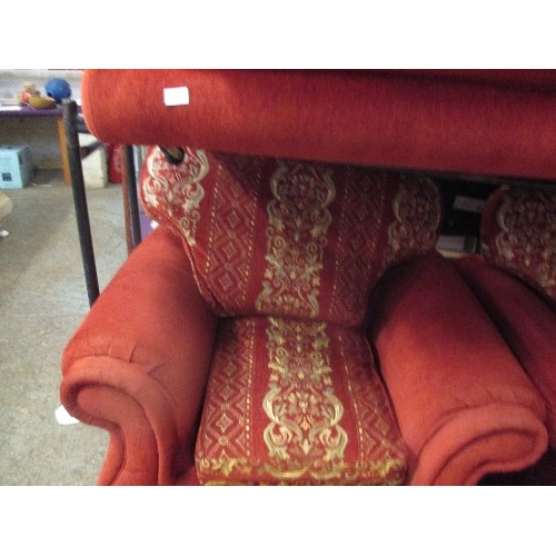 305 - GOOD QUALITY THREE PIECE SUITE IN RUST COLOUR WITH PATTERNED SEAT AND BACK CUSHIONS - SCROLL ARM SHA... 