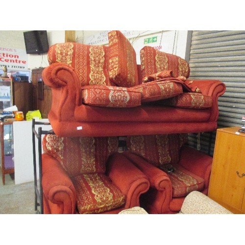 305 - GOOD QUALITY THREE PIECE SUITE IN RUST COLOUR WITH PATTERNED SEAT AND BACK CUSHIONS - SCROLL ARM SHA... 