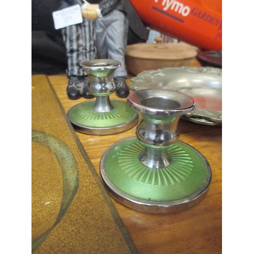 277 - LARGE MIXED LOT INCLUDING CHINA, ART DECO GREEN & CHROME CANDLE HOLDERS, BUTLERS BOTTLE HOLDER, SILV... 