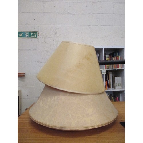 275 - 5 X LAMP SHADES , FOUR IN YELLOW/GOLD COLOUR, ONE IN BLACK SILK WITH BRONZE TRIM (NEW IN CELLOPHANE ... 