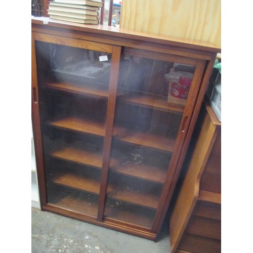 264 - GOOD QUALITY MAHOGANY BOOKCASE WITH FOUR ADJUSTABLE SHELVES AND SLIDING DOORS - 92CM X 32CM X 130CM