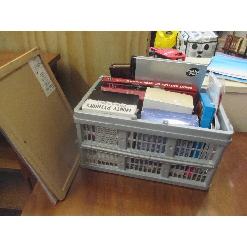 265 - BOX OF BOOKS, STATIONERY, DVD'S INC BRAND NEW SET OF 3 NOVELS BY MARY BALOGH IN SEALED PACKAGING, DV... 