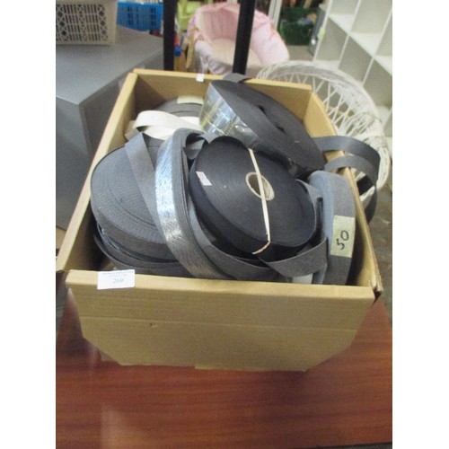 269 - LARGE QUANTITY OF REELS OF TAPE / BINDING - DARK GREY, BLACK, WHITE ETC