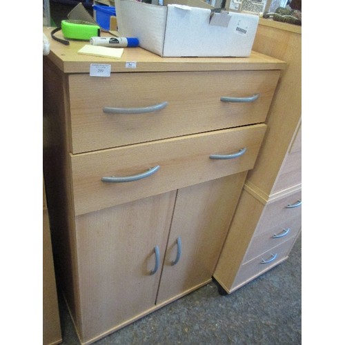 299 - PALE WOOD EFFECT 2 DRAWER AND CUPBOARD UNIT AND A MATCHING PAIR OF THREE DRAWER CHESTS ON CASTORS