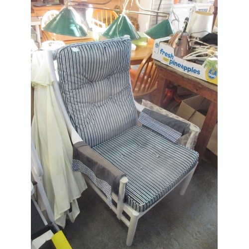 338 - PARKER KNOLL ARMCHAIR PAINTED WHITE -THE SEAT AND BACK CUSHION IN A BLUE STRIPED SOFT VELOUR FABRIC