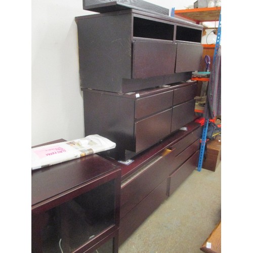 362 - FOUR TAPELY DARK WOOD WALL UNITS AND DRAWERS INC SIDEBOARD 167CM X 53CM X 68CM