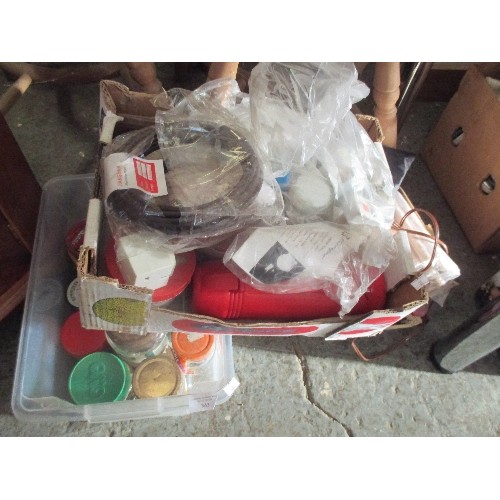 343 - THREE BOXES OF GARAGE / SHED ITEMS INC JARS OF NAILS, SCREWS, ELECTRICALS, VARNISHES ETC