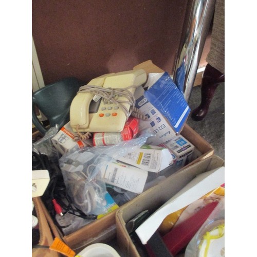 347 - 4 BOXES OF HOUSEHOLD ITEMS INC TOOLS, BULBS, THERMOS FLASK, BRUSH ETC