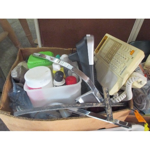 347 - 4 BOXES OF HOUSEHOLD ITEMS INC TOOLS, BULBS, THERMOS FLASK, BRUSH ETC