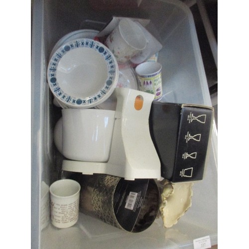 337 - THREE BOXES OF MIXED HOUSEHOLD ITEMS INC RETRO RED KITCHEN SCALES, GLASS WARE, BOOKS ETC