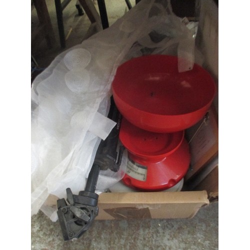 337 - THREE BOXES OF MIXED HOUSEHOLD ITEMS INC RETRO RED KITCHEN SCALES, GLASS WARE, BOOKS ETC