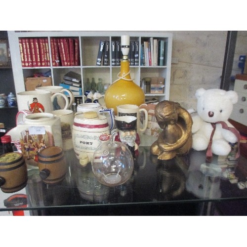 169 - MIXED LOT INCLUDING TABLE LAMP, VERY LARGE STAFFORDSHIRE TANKARDS, ONE WITH A BEEFEATER DESIGN, THE ... 