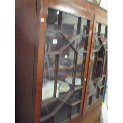 372 - 19TH CENTURY MAHOGANY BOOKCASE CABINET - QUARTER VENEERED CUPBOARD DOORS. SOME REPAIRS REQUIRED TO G... 