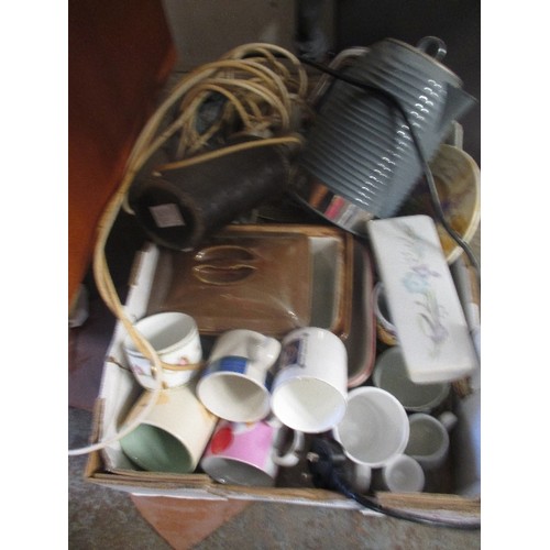 369 - TWO BOXES OF CHINA - MUGS, COOKING POTS, KETTLE ETC