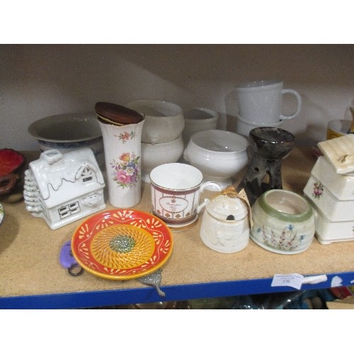 376 - SHELF OF QUALITY CHINA INC 3 BEEHIVE AND HONEY POTS, DELFT VASE AND CLOG, AYNSLEY VASE, MODERN STYLE... 