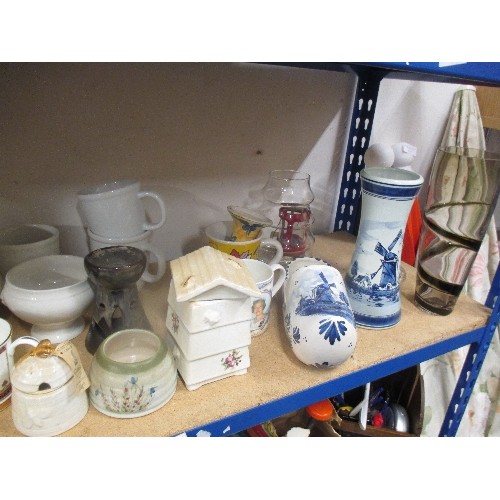 376 - SHELF OF QUALITY CHINA INC 3 BEEHIVE AND HONEY POTS, DELFT VASE AND CLOG, AYNSLEY VASE, MODERN STYLE... 