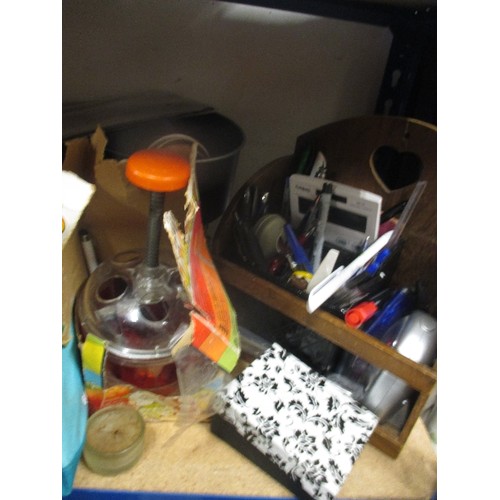 377 - SHELF OF HOUSEHOLD WARES INC STRAWBERRY JAR, PROSECCO ICE BUCKET, CHILD'S GARDENING BAG AND TOOLS (T... 