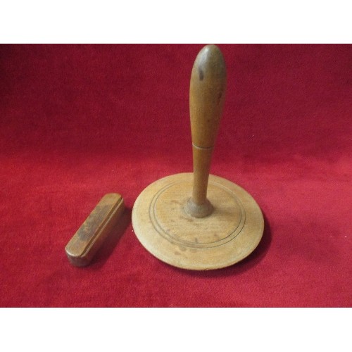 6 - A LARGE ANTIQUE SYCAMORE BUTTER WORKER (OR DARNING MUSHROOM) - 14CM DIA TOGETHER WITH AN ANTIQUE SNU... 