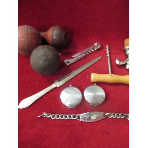 7 - A BOX OF VINTAGE COLLECTABLES INCLUDING A LEATHER CRICKET BALL, A RUBBER BULB APPLICATOR MARKED 