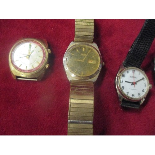 11 - FIVE GENTS WRIST WATCHES INCLUDING A RETRO MECHANICAL TIMEX WITH GILT AND RED DIAL- ALSO SEKONDA USS... 