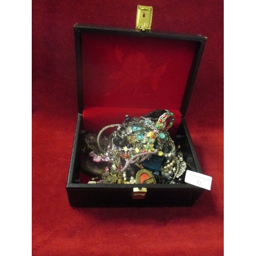 22 - JEWELLERY BOX WITH COSTUME JEWELLERY INC BRACELETS, NECKLACES, RINGS ETC