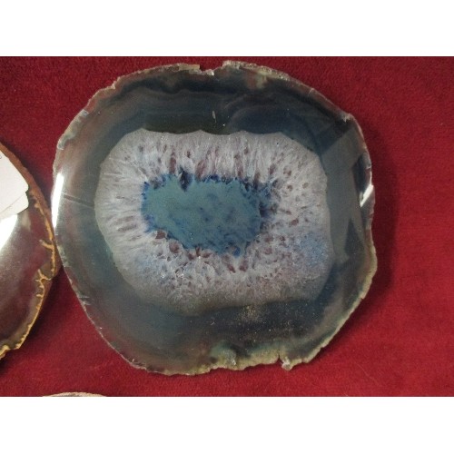 24 - FOUR AGATE SLICES IN BLUES, BROWNS AND GREY - THE LARGEST 14CM DIA