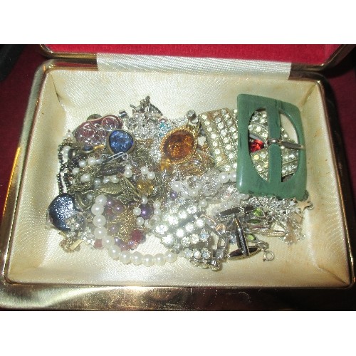 23 - BOX OF COSTUME JEWELLERY INCLUDING SILVER METAL NECKLACES, BRACELETS BUCKLES ETC