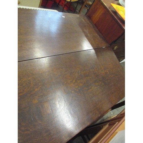 259 - ANTIQUE SOLID OAK DROP LEAF TABLE. 160CM X 108CM (DAMAGE ON ONE HINGE)