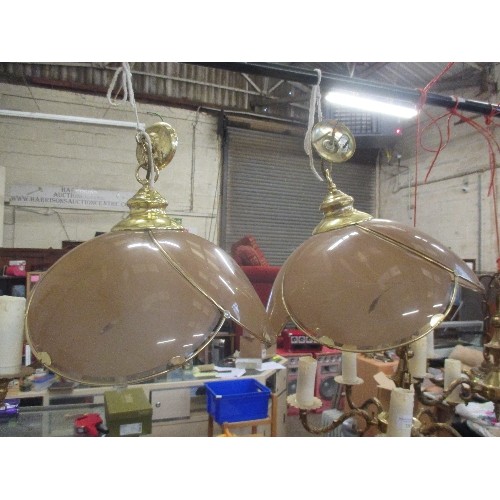 242B - TWO RETRO PENDANT LIGHT FITTINGS WITH GLASS AND BRASS SHADES