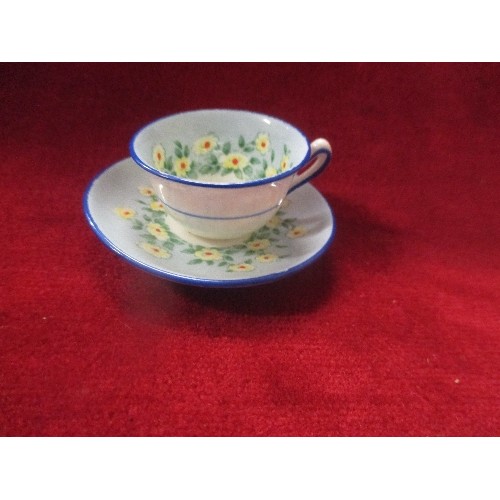 31 - A PRETTY CROWN STAFFORDSHIRE MINIATURE CUP & SAUCER TOGETHER WITH A DELFT DUCK TILE AND TWO TRINKET ... 