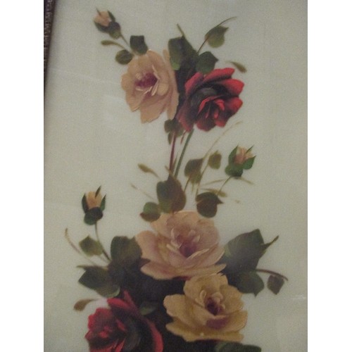 52 - VICTORIAN PAINTING ON GLASS OF ROSES - ORIGINAL FRAME - 70CM X 39CM