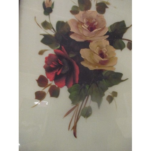 52 - VICTORIAN PAINTING ON GLASS OF ROSES - ORIGINAL FRAME - 70CM X 39CM