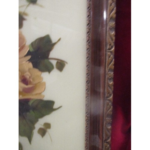 52 - VICTORIAN PAINTING ON GLASS OF ROSES - ORIGINAL FRAME - 70CM X 39CM