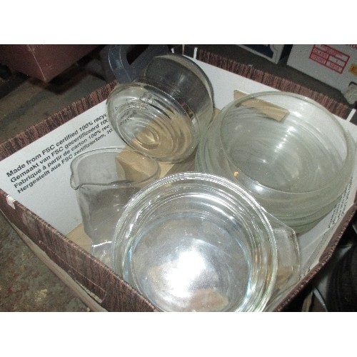 331 - TWO BOXES OF KITCHENWARE INC PYREX, JUGS, FRYING PAN ETC