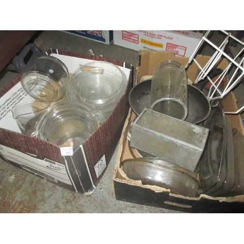 331 - TWO BOXES OF KITCHENWARE INC PYREX, JUGS, FRYING PAN ETC