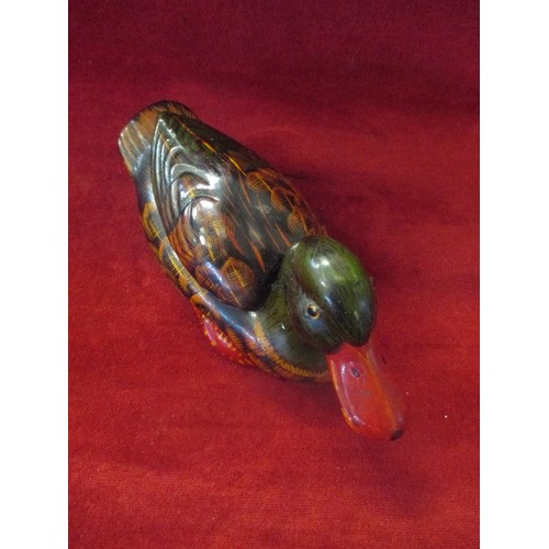 73 - POTTERY DUCK/DRAKE. HAND PAINTED LIDDED POT WITH GLASS EYES.