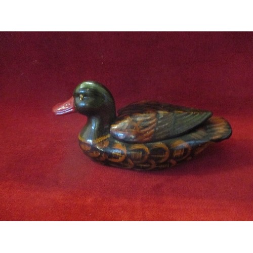 73 - POTTERY DUCK/DRAKE. HAND PAINTED LIDDED POT WITH GLASS EYES.