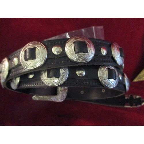 86 - 2 ORNATE STUDDED BLACK LEATHER C&W BELTS, 4 X BOOTLACE TIES, AND A SELECTION OF SILVER/GILT METAL CO... 