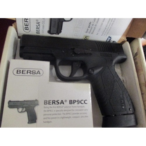 91 - 2 X GAS AIR PISTOLS. A STEYR MANLICHER M9-A1 DUAL TONE. ALSO, A BERSA BP9CC. BOTH IN ORIGINAL BOXES.