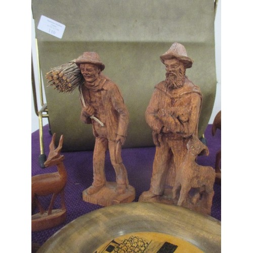 109 - VINTAGE WOODEN TREEN ITEMS. LOVELY CARVED FIGURES OF PEOPLE AND ANIMALS. INCLUDES A LADY AT THE SPIN... 