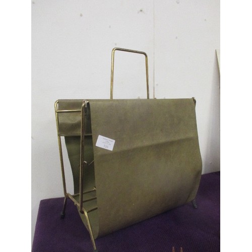 110 - RETRO MAGAZINE RACK, BRASS COLOURED FRAME, WITH SUSPENDED OLIVE GREEN VINYL.