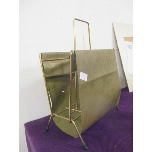 110 - RETRO MAGAZINE RACK, BRASS COLOURED FRAME, WITH SUSPENDED OLIVE GREEN VINYL.