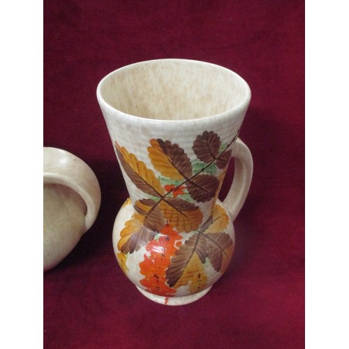 125 - VINTAGE BEWLEY POTTERY TALL JUG, WITH HAND-PAINTED AUTUMN LEAVES/FLOWERS. TOGETHER WITH A MATCHING S... 