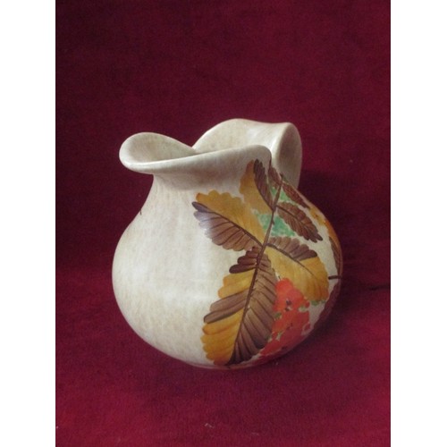 125 - VINTAGE BEWLEY POTTERY TALL JUG, WITH HAND-PAINTED AUTUMN LEAVES/FLOWERS. TOGETHER WITH A MATCHING S... 