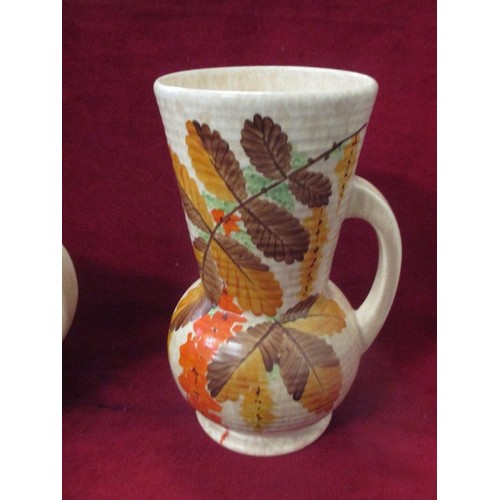 125 - VINTAGE BEWLEY POTTERY TALL JUG, WITH HAND-PAINTED AUTUMN LEAVES/FLOWERS. TOGETHER WITH A MATCHING S... 