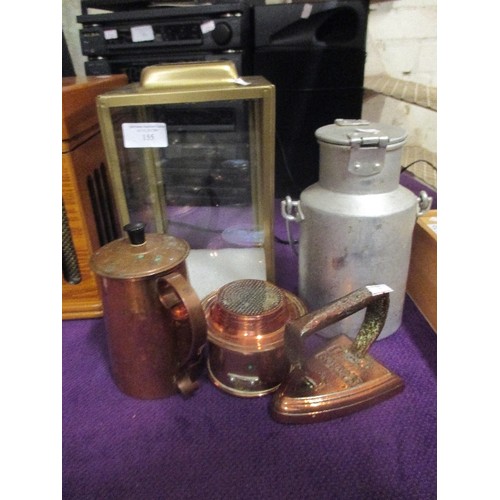 155 - A TALL METAL AND GLASS CANDLE LANTERN, A SMALL ALUMINIUM MILK CHURN, COPPER COFFEE PERCOLATOR. 'COPP... 