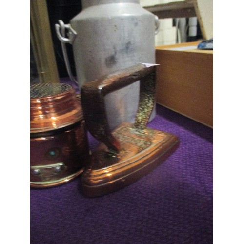 155 - A TALL METAL AND GLASS CANDLE LANTERN, A SMALL ALUMINIUM MILK CHURN, COPPER COFFEE PERCOLATOR. 'COPP... 