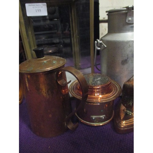 155 - A TALL METAL AND GLASS CANDLE LANTERN, A SMALL ALUMINIUM MILK CHURN, COPPER COFFEE PERCOLATOR. 'COPP... 